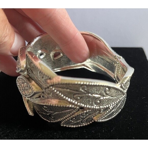 Rhinestone Pewter Leaf Design Hinged Cuff Bracelet 1.5" Wide - Picture 9 of 10